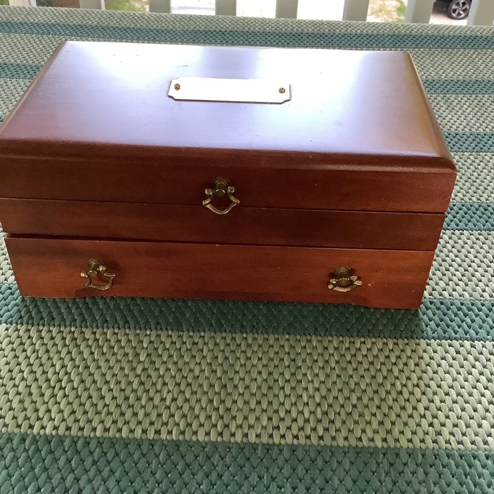 Vintage Wooden Jewelry Box Chest Cherry Finish Brass Hardware 2-Tier Organizer
